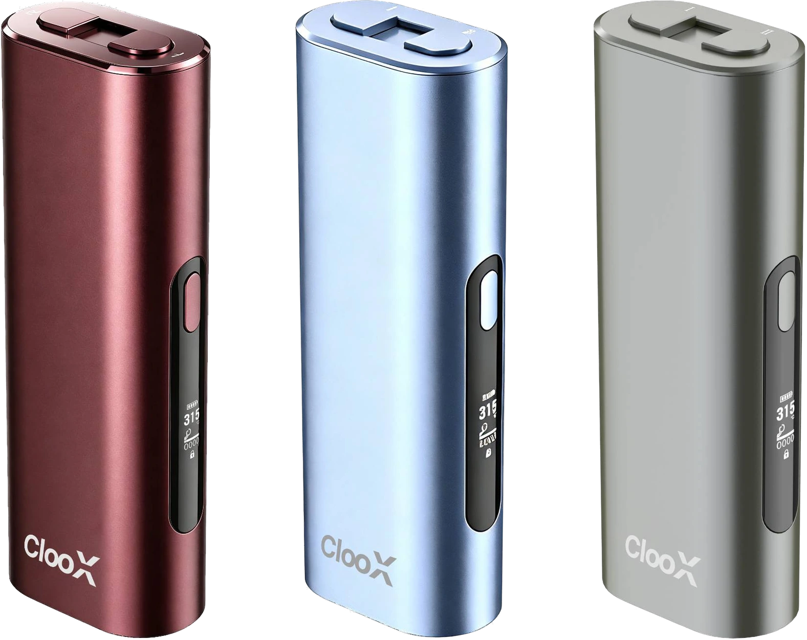 ClooX heated tobacco device in three finishes: Graphite, Glacier Blue and Burgundy